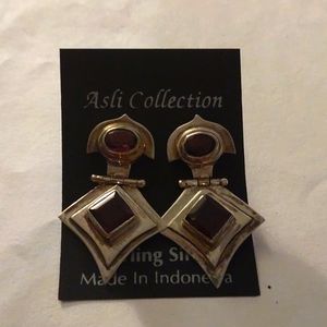 925 Garnet 2 stones Earrings NEW